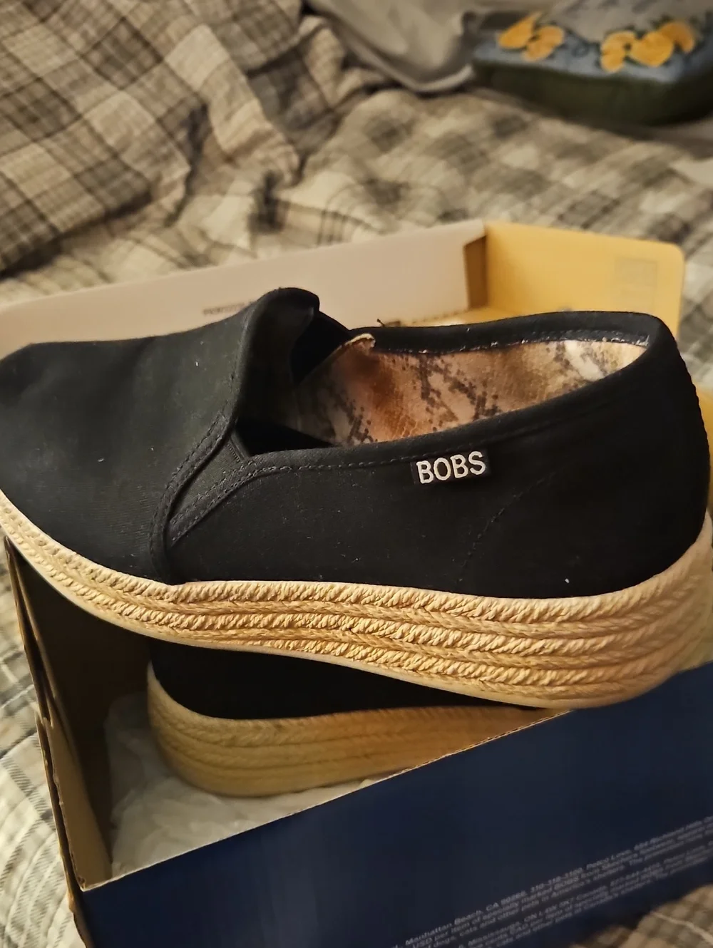 Skechers BOBS Black Canvas Slip-On Espadrille with Woven Platform